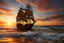 Sailing Ship At Sunset In The Sea, Generated Ai