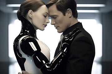 love relationship between a human and a robot. the connection of human feelings. future attitud. fem