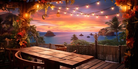 Wall Mural - Generative AI, Tropical summer sunset beach bar background. Outdoor restaurant, Led light candles and wooden tables, chairs under beautiful sunset sky, sea view..
