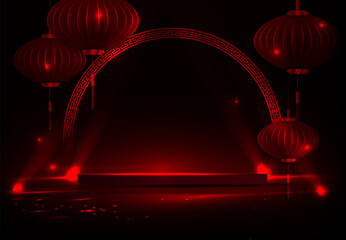 Wall Mural - Dark red composition with podium, Chinese lanterns in paper art style.