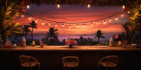 Wall Mural - Generative AI, Tropical summer sunset beach bar background. Outdoor restaurant, Led light candles and wooden tables, chairs under beautiful sunset sky, sea view..