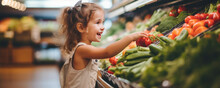 Young Woman On The Market Near Vegetable Shelves.  Wide Banner