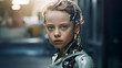 Kids girl android of ten years old head robot with part of skin and metal on a face, close up,