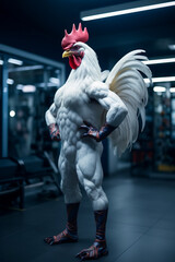 Wall Mural - fit Rooster standing at the gym, Muscle-bound Rooster dominating the gym with its fitness prowess, generative AI