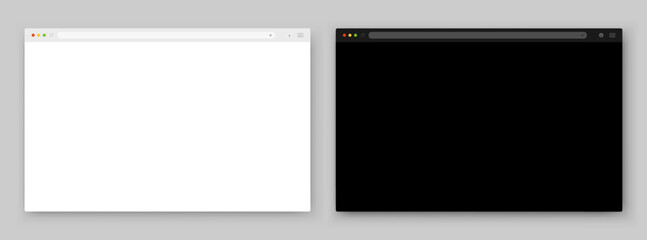A set of browser window in white and black on a gray background. Website layout with search bar, toolbar and buttons. Vector EPS 10.