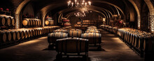 Old Cellar With Wine Wooden Barrels. Copy Space