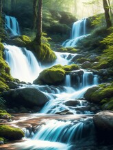 Stream Of Water Running Over Cascades And Small Waterfalls In Deep Forest Generative AI