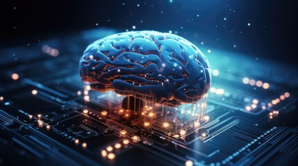 Artificial intelligence technology concept with digital human brain connected to an electronic board