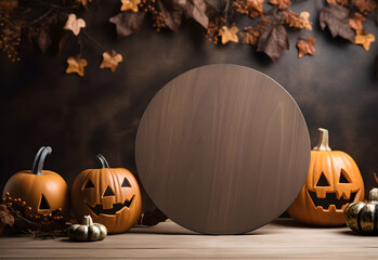 Wall Mural - halloween round sign mockup with pumpkins and fallen leaves on dark background. wooden board with au