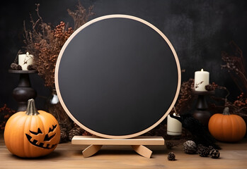 Wall Mural - halloween round sign mockup with pumpkins and fallen leaves on dark background. wooden board with au