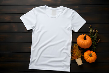 Wall Mural - White womens t-shirt halloween mockup with pumpkins and leaves on dark background. Design t shirt template, print presentation mock up. Top view flat lay. Generated AI.