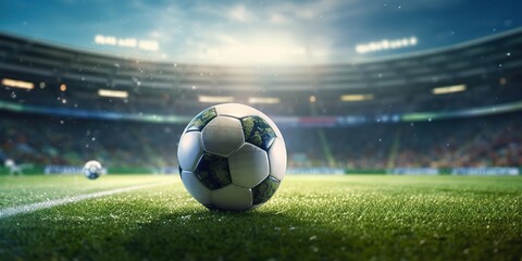 Wall Mural - AI Generated. AI Generative. Soccer football ball on green grass field stadium. Sport game motivational promotion inspirational poster decoration. Graphic Art