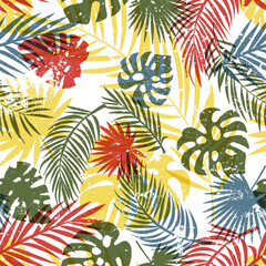  Colorful bright palm tree leaves on white background. Summer tropical seamless pattern. Vector overlapping illustration