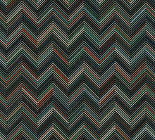 Seamless Striped Pattern. Zig Zag Chevron Design With Multicolored Diagonal Thin Lines. Stripes In Green, Orange, And White On A Black Background. Triangle Shape Waves. Modern Geometric Style. 
