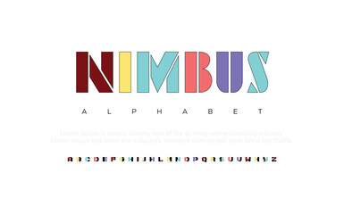 NIMBUS  alphabet holiday font, kids uppercase letters A, B, C, D, E, F, G, H, I, J, K, L, M, N, O, P, Q, R, S, T, U, V, W, X, Y, Z  vector illustration 