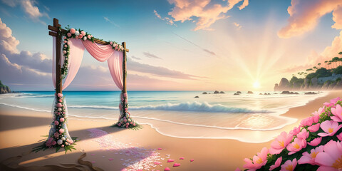 Wall Mural - beach wedding venue, wedding setup, cabana, arch, gazebo decorated with flowers, beach wedding setup