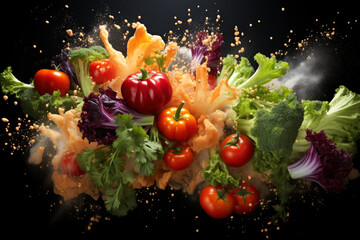Fresh vegetables and fruits with water droplets exploding on black background, healthy eating concept, AI Generated