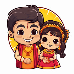 Indian couple hand-drawn comic illustration. Indian couple. Vector doodle style cartoon illustration