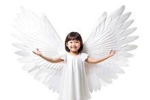 Innocence Embodied: A Girl With Paper Angel Wings Against Pristine White Background Symbolizing Charming Beauty Of Child's Imagination. Generative AI