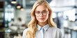 © XaMaps - Captivating young blonde woman, wearing glasses and university uniform, immersed in a sophisticated lab environment. Generative AI