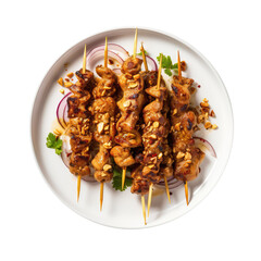 Chicken Satay On White Plate, On Isolated Transparent Background, Png. Generative AI