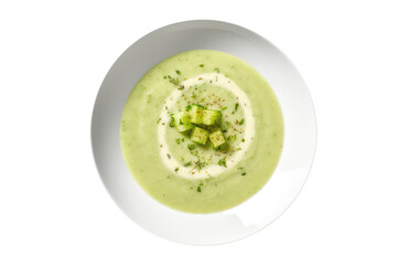 Wall Mural - Cream Of Zucchini Soup On White Plate, On Isolated Transparent Background, Png. Generative AI