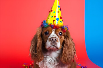 Wall Mural - Funny and friendly cute dog (King Charles Spaniel) wearing a birthday party hat in studio, on a vibrant, colorful background. Generative AI