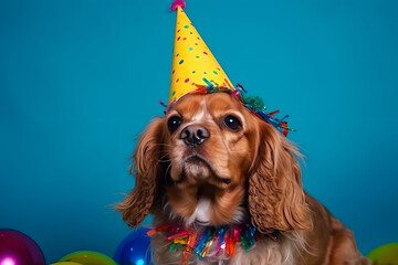 Wall Mural - Funny and friendly cute dog (King Charles Spaniel) wearing a birthday party hat in studio, on a vibrant, colorful background. Generative AI