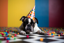 Funny And Friendly Cute Dog (French Bulldog) Wearing A Birthday Party Hat In Studio, On A Vibrant, Colorful Background. Generative AI