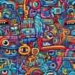 © Ecleposs - Vibrant Surrealism: Colorful Heads in Surrealistic Cartoon Style with Aztec and Street Art Influences Generative ai