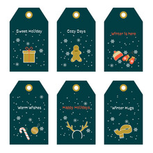 Collection Of Cute Christmas Labels For Gifts. Illustration On Transparent Background