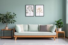 Empty Green Wall, Full Of Potential: Modern Mint Sofa And Stylish Decor Await Your Frames & Text - Minimalist Interior Living Room Design
