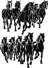 Herd Of Wild Horses, Mustang Horses Rushing Forward, Silhouette Outlines Of Running Animals Group, Vector Illustration, SVG