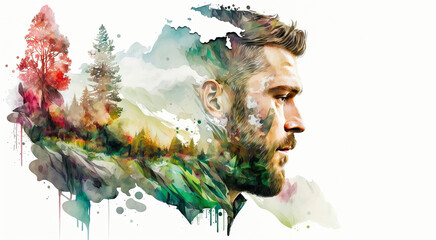 Portrait of a man double exposure with trees and mountains. Creative watercolor illustration. Generative Ai