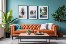 Empty Aquamarine Wall, Full Of Potential: Modern Tangerine Sofa And Stylish Decor Await Your Frames & Text - Minimalist Interior Living Room Design
