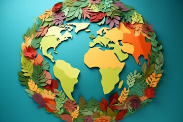 Wall Mural - Planet earth surrounded by trees and nature. Child like paper cut out illustration