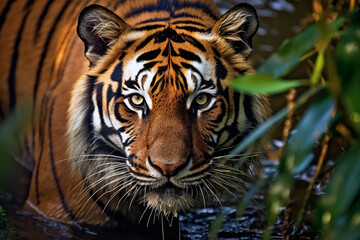 portrait of a bengal tiger hunting in the river. amazing wildlife. generative ai