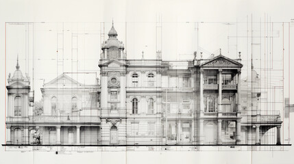 Wall Mural - A set of architectural blueprints transitioning into a completed building, displayed in a split - screen, in a black and white, vintage photo style