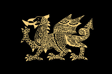 Wall Mural - Zentangle art for Chinese Dragon with gold color isolated on dark black background - vector illustration