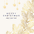 Christmas Poster with golden pine branches on white background. New year illustration.