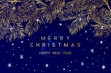 Wall Mural - christmas poster with golden pine branches on dark blue background. new year illustration.