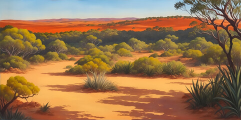 Wall Mural - Australian bush painted landscape. AI generated illustration