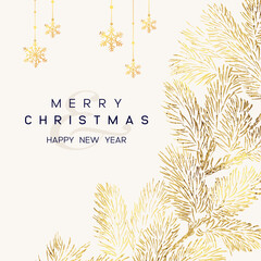 Wall Mural - Christmas Poster with golden pine branches on white background. New year illustration.
