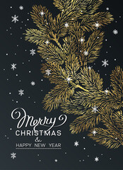 Wall Mural - christmas vertical poster with golden pine branches on dark background. new year illustration