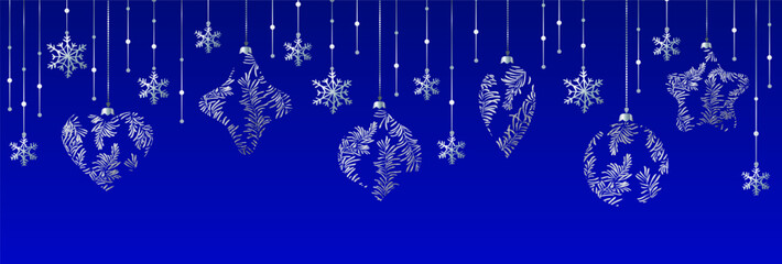 Wall Mural - Vector banner of Christmas Background with silver Christmas decorations.
