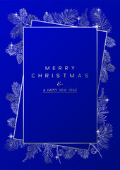 Wall Mural - Christmas vertical Poster with silver pine branches on blue background. New year illustration.