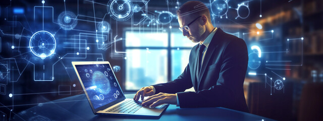 Focused developer coder in glasses working on computer looking at programming code data. Cyber security digital tech reflecting. Generative Ai content.