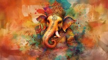 Happy Ganesh Chaturthi Greetings Card. Bright Illustration Background For Ganesh Chaturthi Hindu Festival Celebrated In India To Honor Lord Ganesha, The Elephant-headed Deity