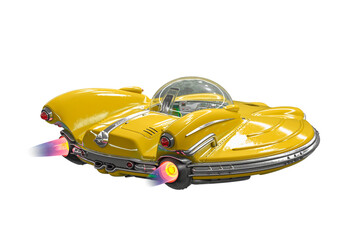retro ufo spaceship is going away rear view