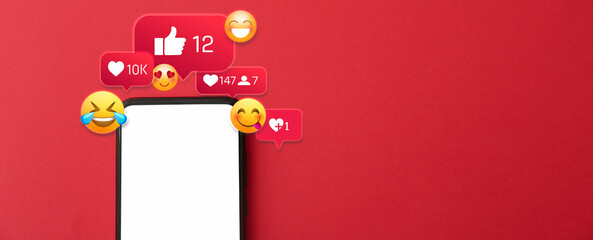 Mobile phone with blank screen and social network reactions on red background. Banner for design